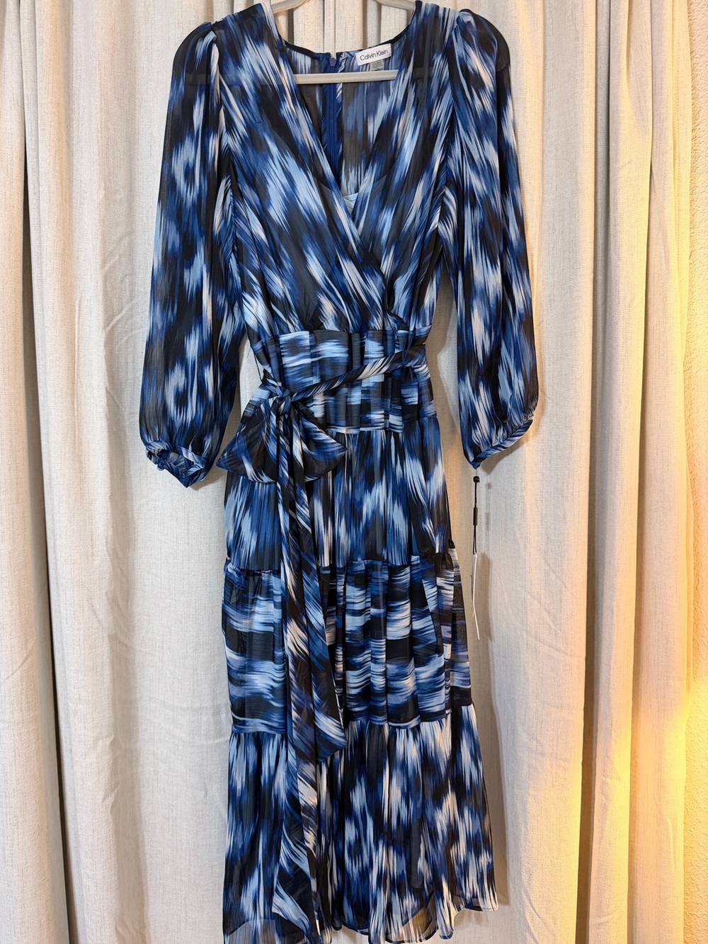 Calvin Klein Blue and Black Printed Wrap Midi Dress